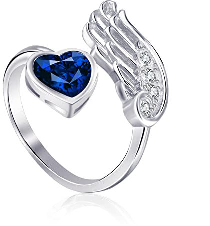 Qings Saphir September Geburtsstein Ringe Sterling Silber Damen Verstellbarer Birthstone Flügel Feder Dunkelblau Herz Zirkonia Verlobungsring Eheringe Geburtsstein Schmuck für Frau Freundin