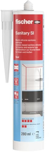fischer 58515 Bath & Sanitary Silicone Sealant, Bathroom, Sink & Shower, Transparent, 280ml