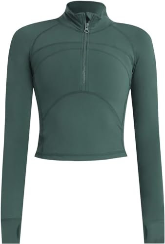 Memoryee T Shirt Damen Sport Laufen Yoga Gym Zipper Crop Top Langarm Leicht Fitness Pullover Oberteil mit Halbem Reißverschluss und Daumenloch Grün L