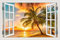 MUMUWUSG Adesivi Murali Finestra 3D Tramonto Alberi Spiaggia Paesaggio Adesivo Adesivi Da Muro Finestra ​Vinile Pvc Adesivi Murali Interne 3D Pellicola Adesiva Poster Sticker Murale 120X80Cm