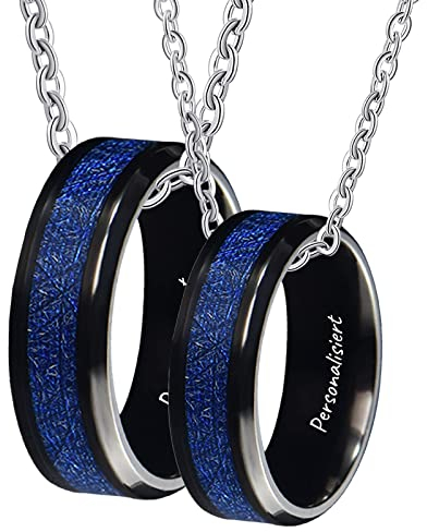 AMDXD Partner Ketten, Wolfram Ring Anhänger Kohlefaser Pärchen Kette Ring Schwarz Blau 2Pcs für Frauen Männer (Breite 8MM, Herrenkette 60cm, Damenkette 50cm)