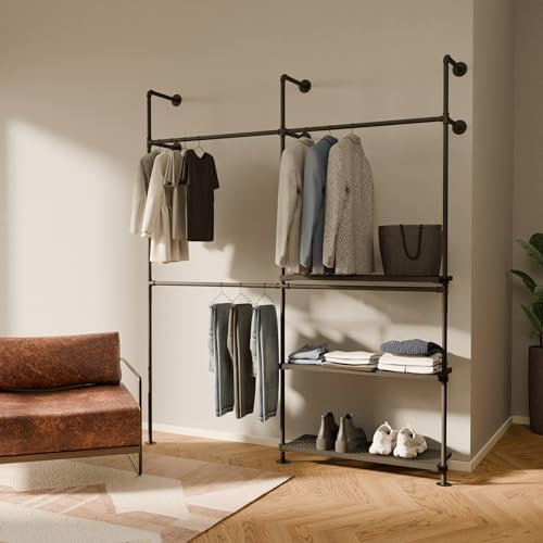 pamo Kleiderstange Wandmontage 360 kg Traglast - offener Kleiderschrank industrial schwarz aus Metall Wasserrohren mit Böden aus robustem Metall