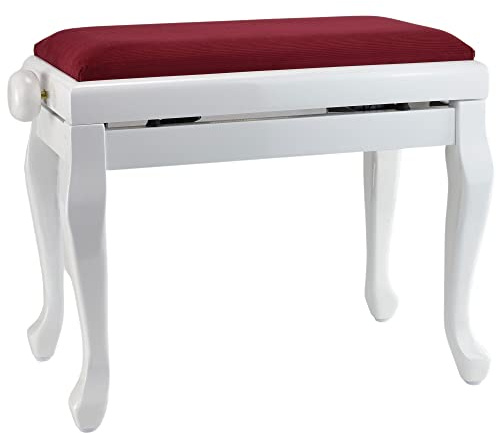 Steinbach Klavierbank in Weiß poliert mit Chippendale Beinen, Sitzauflage weinrot Stoff