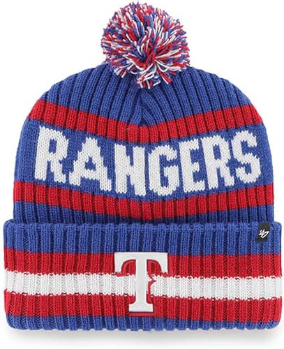 47 MLB Mütze für Erwachsene, offizielles Lizenzprodukt, Bering, Sport, Strickmütze mit Bommel, für kaltes Wetter, Texas Rangers, Einheitsgröße