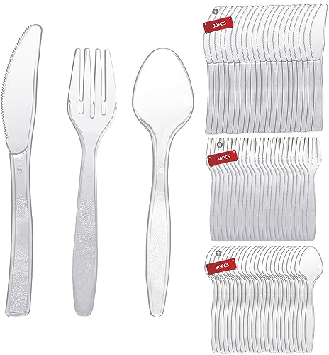 Lot de 90 couverts réutilisables transparents, comprend 30 fourchettes, 30 cuillères, 30 couteaux, parfait pour anniversaires