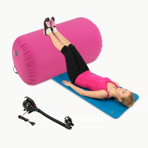 Air Tumbling Matte Aufblasbare 60cm Höhe mit Pumpe, Rosa Rollen Air Barrel Übung Spalte Tumbling Yoga Rolle Gym Roll, Air Rolle Turnen für Yoga Gymnastik Training Fitness Handfeder Hinten Training