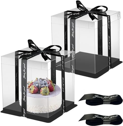 HYRYC Cake Boxes Tortenbox Durchsichtige Geschenkbox 26 * 26 * 25cm Tortenschachtel Transportbox Torte Geschenkbox Durchsichtig Wiederverwendbar und Band für Geburtstag Dessert 2Stk (Schwarz 8 Zoll)