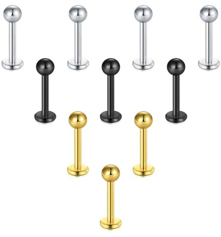 Briana Williams 10er Edelstahl Lippenpiercing Silber Schwarz Gold 8mm Stecker mit Kugel Ohr Tragus Labret Helix Piercing Schmuck