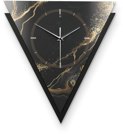 Kreative Feder Dreieckige 3D Designer-Wanduhr Black & Gold Waves in modernem Metallic-Look Silber-schwarz ohne Tickgeräusche (Black & Gold Waves, leises Funkuhrwerk)