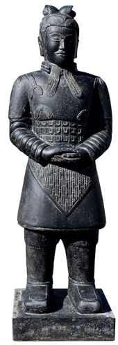 Teako Design Stonox Stein Skulptur Chinesischer Krieger Waghala Stehend, frostbeständig und wetterfest, für jeden Außenbereich, geeignet für Gartenbereich, grau