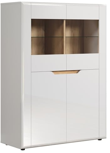Highboard - B 96 cm - Weiß Hochglanz - Evoke Eiche Dekor - mit 2 Türen