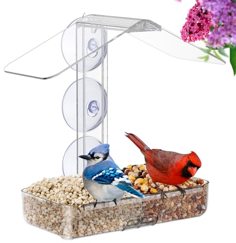 MrCrafts Vogelfutterstation mit starken Saugnäpfen, Groß Fenster-Vogelfutterspender 24 x 24 x 10.5 cm, Transparentes Vogelhaus Fensterscheibe für Wildvögel, Window Bird Feeder, Bird House