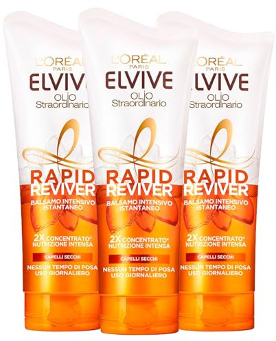 L'Oréal Paris Elvive Olio Straordinario Rapid Reviver Balsamo Intensivo Istantaneo Nutriente Con Olio di Jojoba per Capelli Secchi - 3 Flaconi da 180ml