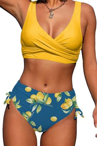 CheChury Damen Bikini Set Cross Back Badeanzüge Einfarbig Bademode Kordelzug Bikini Sexy Crossover Oberteil Triangel Bikinihose Hoher Taille Gepolstert Strandbikini Zweiteiliger,Gelb,M
