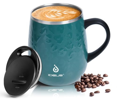 Ideus Kaffeebecher 470 ml (16 oz), doppelwandige vakuumisolierte Kaffee- und Teetasse aus Edelstahl mit rutschfestem Griff und Schiebemoduldeckel und großem Volumen (Leopard Gruen)