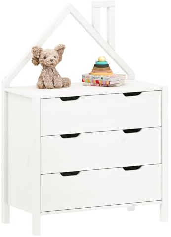 IDIMEX Kommode ELANO in Hausform - Weiß, massives Kiefernholz, 3 große Schubladen, Kinderzimmer Aufbewahrung, Kleiderschrank, Kinderzimmer möbel, Schubladenkommode