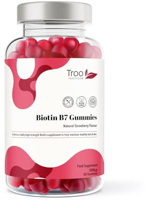 Troo Health Care Biotin 5000mcg Hair, Skin and Nail Growth Support Gummy Supplement - 60 Natural Strawberry Flavour Chewable Gummies - 5 Months Supply – Vegan Friendly – for Men and Women