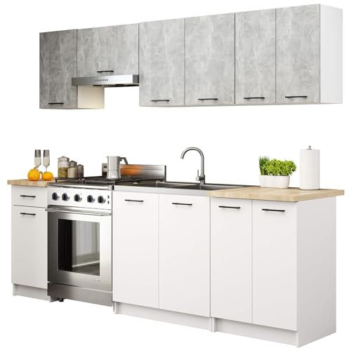 AKORD | KüchenmöbelSet 2.4m | Küche Komplett | Kitchen Cabinet Set | Küchenschränke | Standschränke | Hängeschränke | Schubladen | Untertischschrank | Beton & Weiß Front