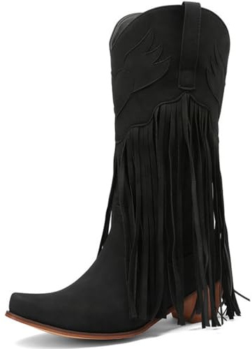 WEHAM Western-Cowboystiefel mit Fransen für Damen, mittelhohe Reitstiefel mit spitzem, dickem Absatz und breiter Wade, Klassische, bestickte, Bequeme Cowgirl-Stiefeletten zum Überziehen