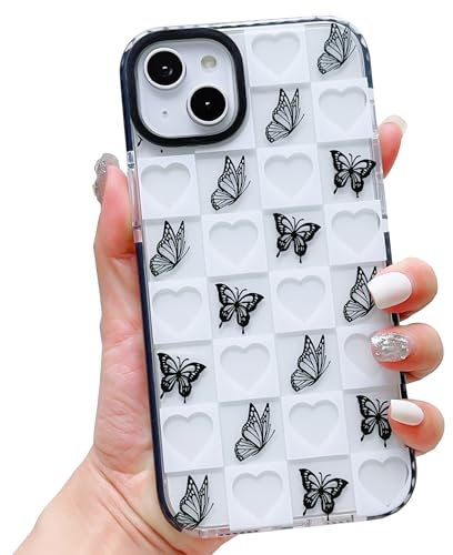 ECZOIL for iPhone 14 Plus/15 Plus Case Cute Cartoon Butterfly Heart Pattern Design Transparent Cover Soft TPU Anti-Yellow Shockproof Protective Phone Case for Women Girls-Clear Black