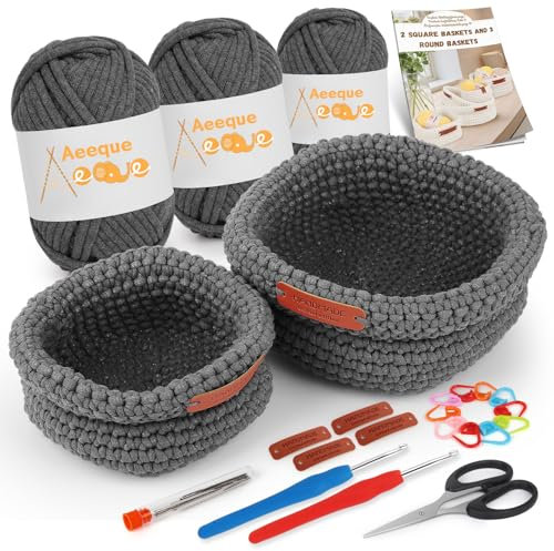 Aeeque Häkelset für Anfänger, 2pcs Körbe Häkeln Set, Quadratischer Häkelkörbe Häkel Set, Textilgarn zum Häkeln Tasche, Komplett Häckel Kit mit Zubehör, Grau