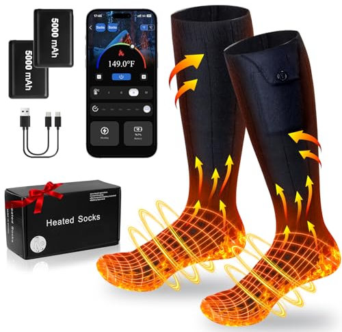 Calcetines Calefactables con Control de App, 5V 5000mAh*2 Calcetines Térmicos Recargables para Hombres Mujeres, 4 Configuraciones de Calor Calcetines Térmicos Lavables para Ciclismo, Esquí, Pesca