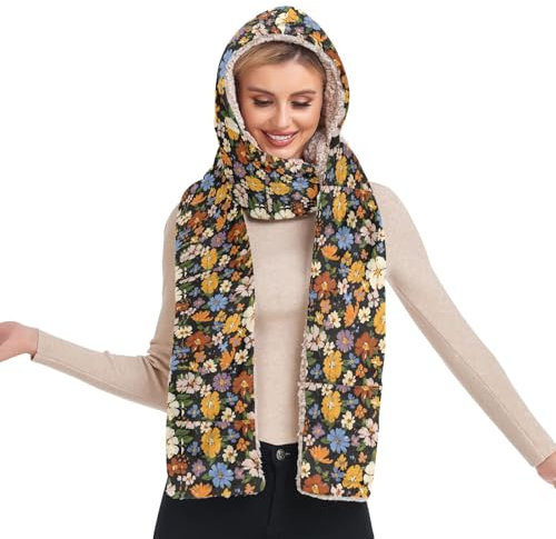 Amooorous Pashmina-ähnliche Winterschals für Damen, kalt, trendig, bunt, mit Kapuze, mit Taschen, Mütze, Handschuhe, Set, Bufandas de Mujer, elegantes Para Frio für Weihnachten, Buntes Knautsch,