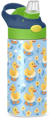 Mnsruu Kids Water Bottle with Straw 350ml, Duck Blue Stainless Steel Insulated Toddler Cup Leakproof Drink Flask Bottle for Boys Hot Cold, BPA-Free