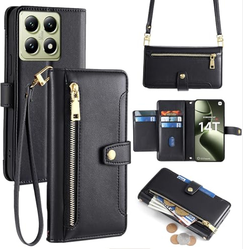 betterfon Handykette kompatibel mit Xiaomi 14T | Leder Handyhülle mit Kartenfächern | Handyhülle zum Umhängen | Schwarz