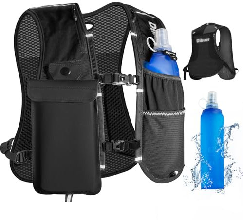 Gilet de course pour homme et femme, gilet d'hydratation léger avec poche transparente et imperméable pour téléphone, flasque souple de 481,9 g, sangles de poitrine réglables et réfléchissantes pour