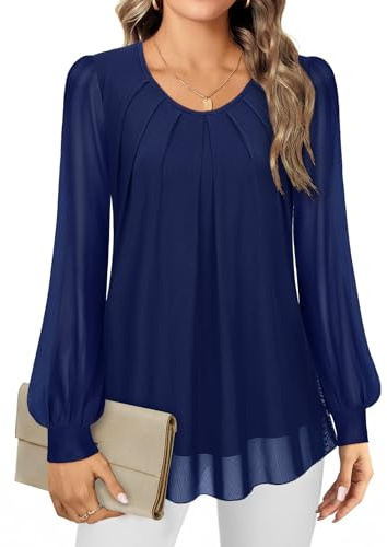 Gemulate Ladies Evening Tops Long Sleeve Chiffon Tops for Women UK Long Top to Wear with Leggings Party Top for Women UK Dark Blue, M
