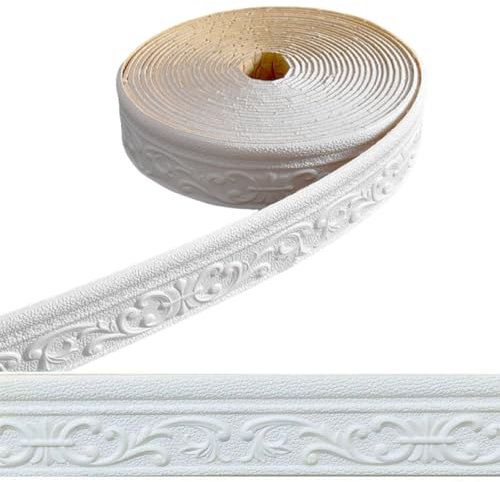SSEHCWAN Bordüre Selbstklebend Weiß, 10m x 8cm x 6mm 3D Stuckleisten Wand Zierleisten Wasserdicht Wandbordüre Selbstklebend Wasserdicht 3D Tapetenbordüre für Flur, Decke, Ecke, Linie