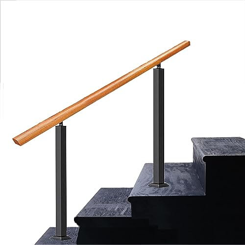 Barandilla de escalera exterior 1 3 peldaños hierro forjado y madera para escaleras de hormigón (altura 90 cm, longitud 150 cm)