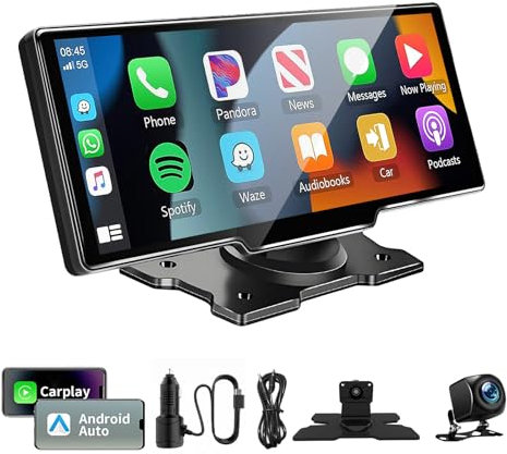 10,26 Pulgadas Pantalla Coche de Carplay Android Auto Inalambrico, Radio Coche Bluetooth con Cámara Trasera 1080P HD/FM/AUX/Mirror Link/Control por Voz/Navegación GPS