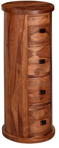 Design Sideboard Sheesham Massivholz 35x85x35 cm | Schränkchen mit 4 Schubladen | Schmaler Beistellschrank Massiv | Mini Kommode Rund