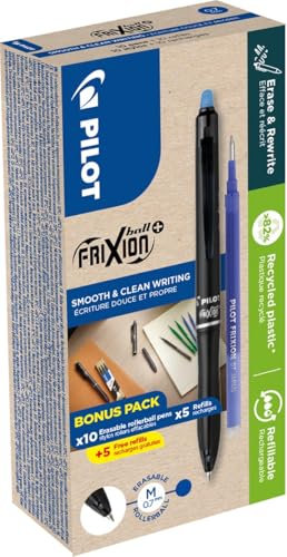 Pilot FriXion Ball radierbarer Tintenroller, mittlere Spitze, 0,7 mm, Box mit 10 Stiften + 10 Ersatzminen, blaue Tinte