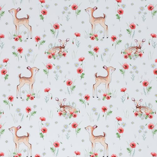 Jersey Stoff Rehe mit Blumen Mädchen Kinderstoff Oeko-Tex 0,5m x 1,50m Meterware Stoff für Kinderkleidung und Accessoires