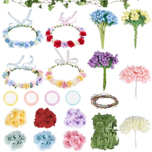 ORIGACH 20 Set Pfingstrosen-Blumenkranz-Bastelset Kranz Girlande Stirnband Bastelset DIY Blumenkranz Bastelzubehör Handgefertigte Feen-Blumen-Haaraccessoires für Hochzeitsfeiern