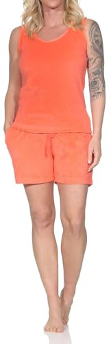 Normann Damen Frottee Schlafanzug Shorty Träger-Pyjama - ideal auch als Homewear, Farbe:orange, Größe:48-50