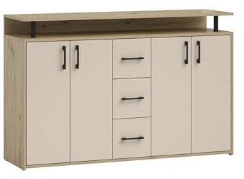 Anrichte >Drift< Highboard Artisan Eiche Dekor/Kaschmir, 4 Drehtüren, 3 Schubladen mit Kugelauszug, 2 Einlegeböden,1 offenes Fach, Melaminbeschichtung, zerlegt, 139x90x34cm (BxHxT).