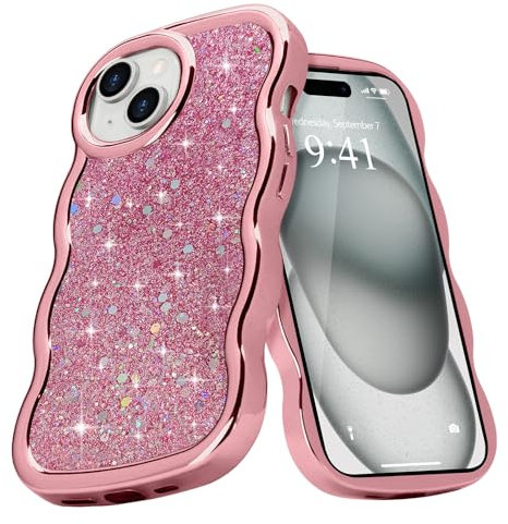 Micoden Cute Wave Case for iPhone 15 Plus/14 Plus Glitter Sparkle,Plating Curly Wave Frame Bling Soft TPU Back Cover,Slim Shockproof Camera Protection Aesthetic Phone Case for Girls Women-Pink