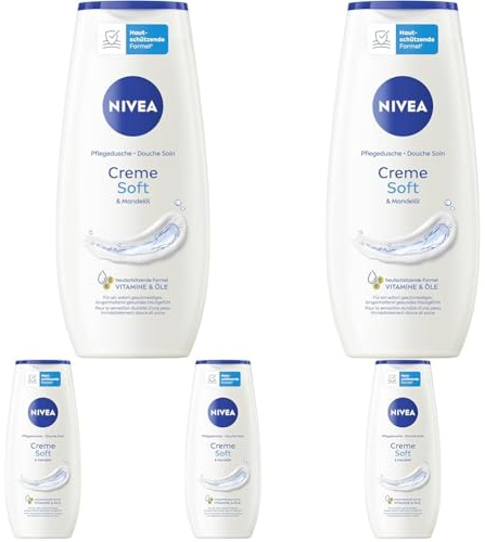 NIVEA Creme Soft Pflegedusche, Duschgel mit Vitaminen und wertvollen Ölen, feuchtigkeitsspendende und pH-hautneutrale Cremedusche mit mildem Duft (250 ml) (Packung mit 5)