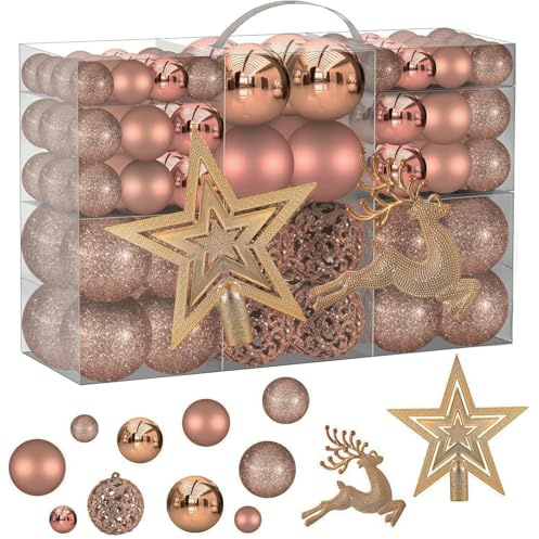 CHarmeFleur 102 Pezzi Assortiti Palline di Natale Rosa Oro Decorazioni infrangibili per Albero di Natale Rosa addobbi Natalizi Sfere Natalizie