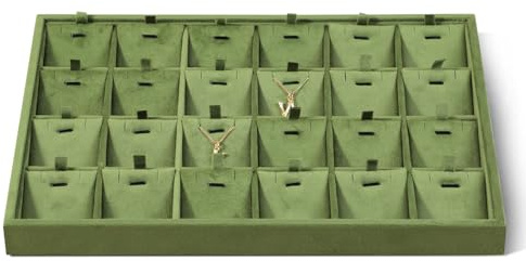 Dansmiy Velvet Necklace Display Tray, Stackable 24 Grid Insert Pendant Necklaces Storage Holder Plate, Jewellery Retail Countertop Organiser (Olive Green) | Velvet Necklace Display Tray, 24 Slot Insert Pendant Necklace Storage Tray for Vanity Dressing Table Drawer Olive Green