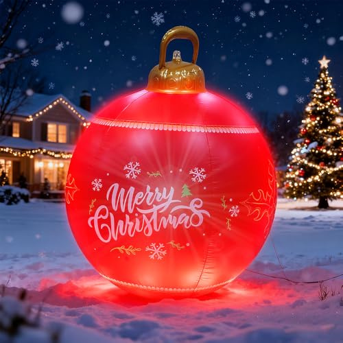 Aufblasbare Weihnachtskugeln 60cm, Große Weihnachtskugeln mit LED-Licht und Fernbedienung, Beleuchtete Aufblasbare Weihnachtskugels, Weihnachtskugelns Aufblasbars für Garten Innenhof Außendekoration