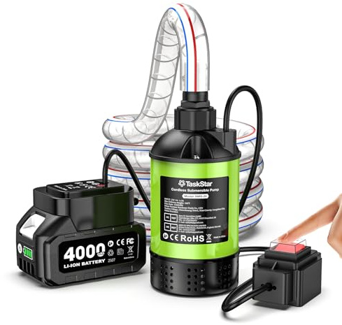 TaskStar Cordless Submersible Water Pump, 4164L/h with 4000mAh Battery | Brushless Small Portable Utility Pump with Hose for Swimming Pool Tank Garden Basement Boat Rain Barrels Draining