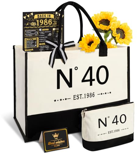 40th Birthday Gift for Women-EST.1986 Canvas Tote Bag, Cosmetic Bag, Poster | Large Capacity，Easy to Clean and Reusable, Waterproof Coating, Specially Designed for 1986, Gifts for 40 Year Old Woman