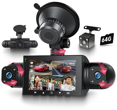 Dash Kamera 360° 4 Kanal Dashcam Auto, 4 Kamera FHD 1080P Vorne und Hinten Links Rechts, 3 Zoll 1080P Autokamera mit IR Nachtsicht/Loop Video/24H Parking Monitor/G-Sensor/Einparkhilfe mit 64-GB-Karte