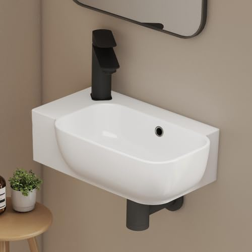 EMKE Kleins Waschbecken, 40 x 25 x 14 cm, Weiß, Rechteckig | Hochwertiges Wandwaschbecken, 45 mm-Ablauföffnung, mit Hahnloch links, für Gäste-WC und kleine Bäder, langlebig