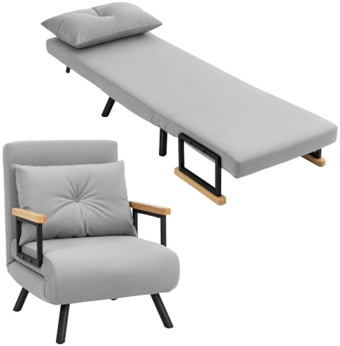 HOMCOM Sofá Cama de 1 Plaza 4 en 1 Plegable 63x73x81cm Gris Claro | Sofá Cama Tapizado en Terciopelo, Respaldo Ajustable de 5 Niveles, Almohada Acolchada, para Oficina Dormitorio Salón